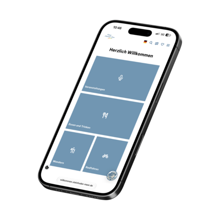 Mobiltelefon mit App-Ansicht zu Reise-Aktivitäten: Wandern, Radfahren, Veranstaltungen, Essen und Trinken